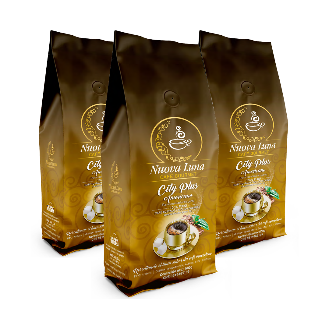 3 Packs of Nuova Luna City Plus Americano Roasted Coffee - 17.64 oz (500 gr) of Unique Venezuelan Arabica Beans from the Andes - Medium Roast, American Style.